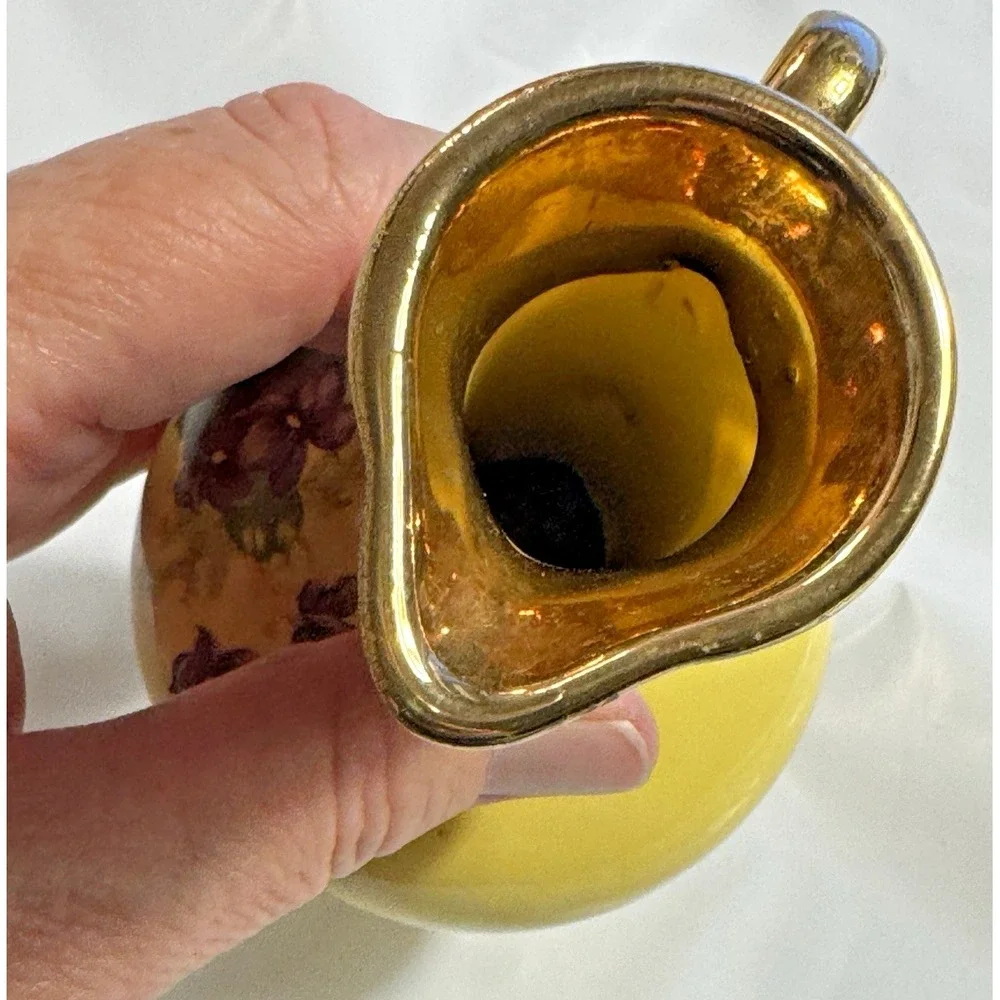 Vintage Yellow Ceramic Miniature Bud Vase Purple Violets Gold Trim 6.25in